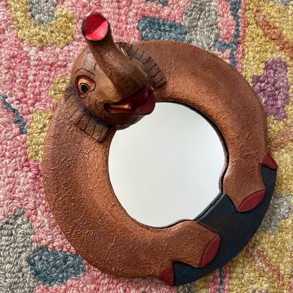 Vintage 7.5" Brown Elephant Wall Mirror Folk Art Indonesia
